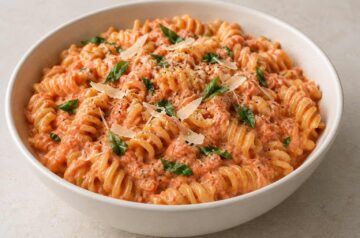 AI illustration of fusilli with ricotta and tomato sauce, basil, and Parmesan.