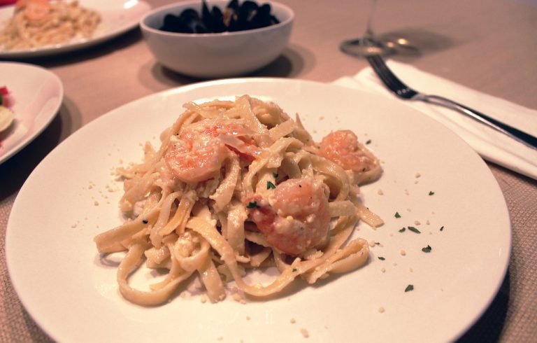 Shrimp Fettuccine Alfredo over Spinach Noodles