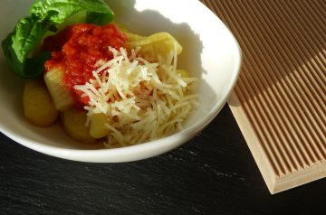 Sweet potato gnocchi with tomato and prawn sauce