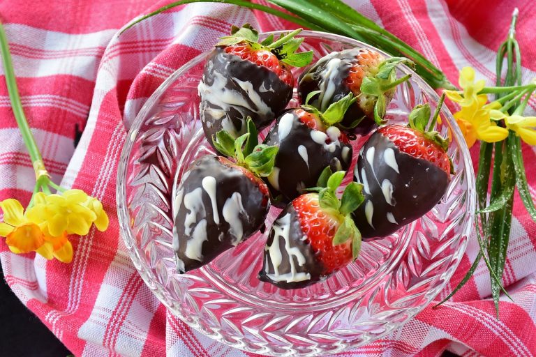 Fruit Salad With Blueberry Glaze and Dark Chocolate Curls