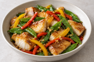 AI illustration of stir-fried fish pieces with snow peas, peppers and oyster sauce