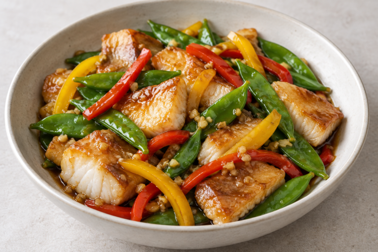 AI illustration of stir-fried fish pieces with snow peas, peppers and oyster sauce