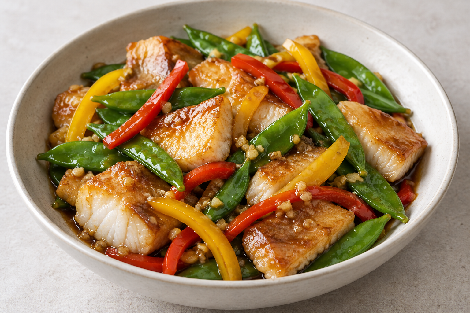 AI illustration of stir-fried fish pieces with snow peas, peppers and oyster sauce