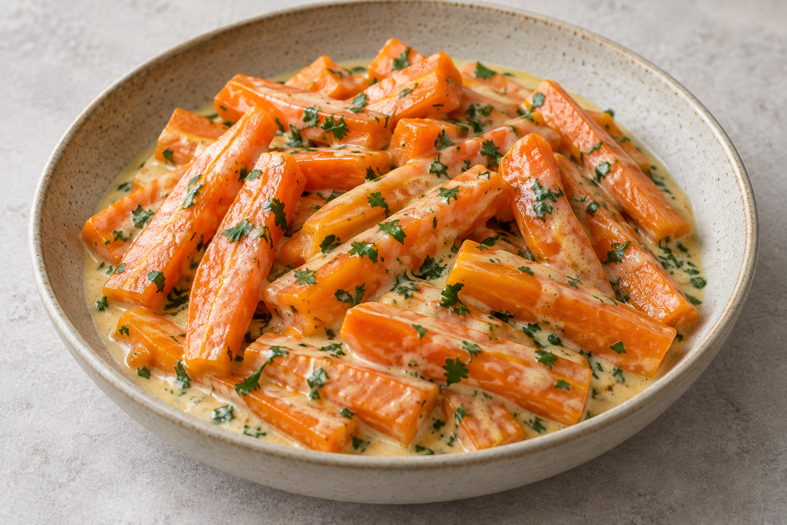 AI illustration of thick carrot sticks in a creamy parsley sauce