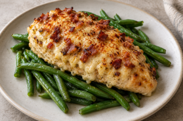 AI illustration of chicken breast with cheese, bacon and paprika on green beans