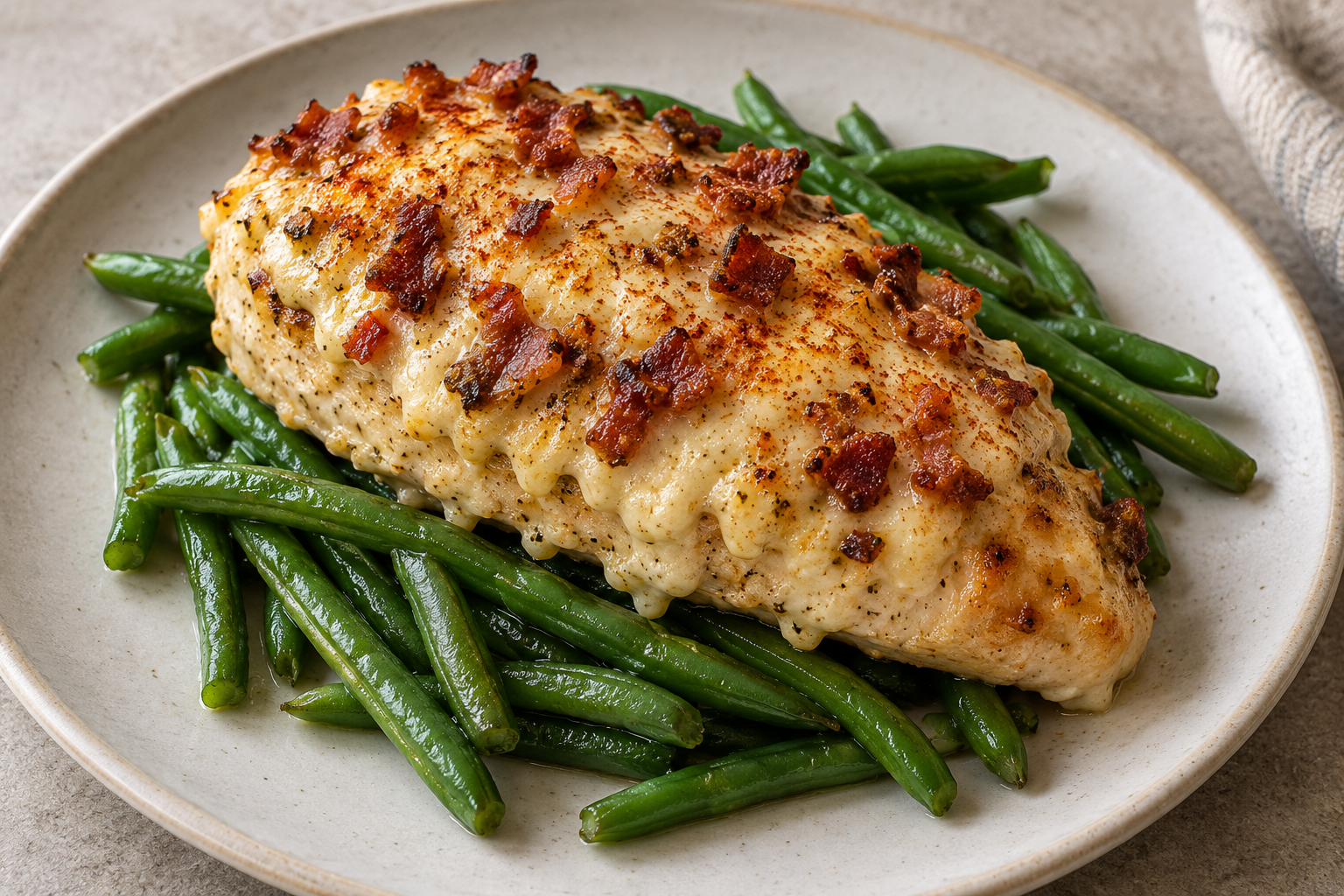 AI illustration of chicken breast with cheese, bacon and paprika on green beans