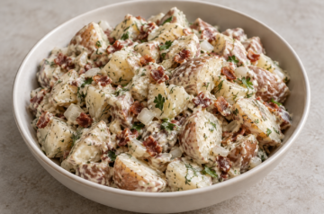 AI illustration of creamy skin-on potato salad with bacon, onion, parsley and dill