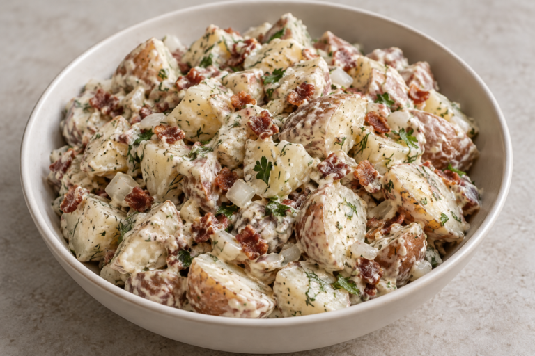AI illustration of creamy skin-on potato salad with bacon, onion, parsley and dill