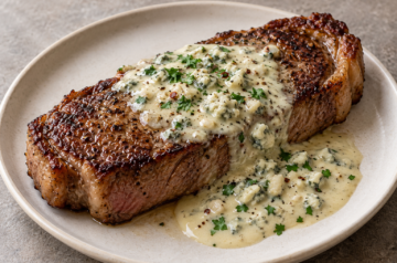 AI illustration of a pan-seared strip steak with melted blue cheese sauce and parsley
