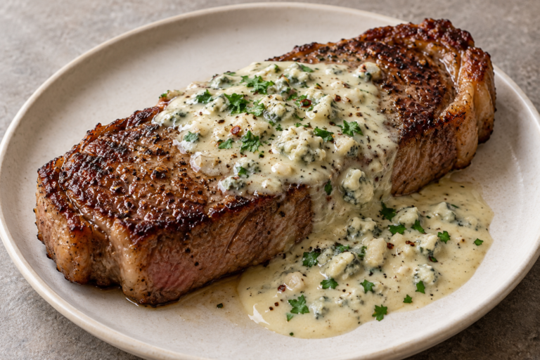 AI illustration of a pan-seared strip steak with melted blue cheese sauce and parsley