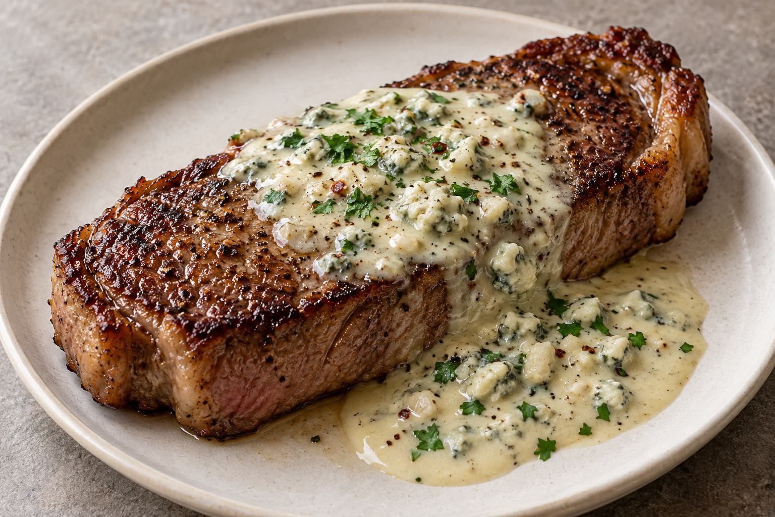 AI illustration of a pan-seared strip steak with melted blue cheese sauce and parsley