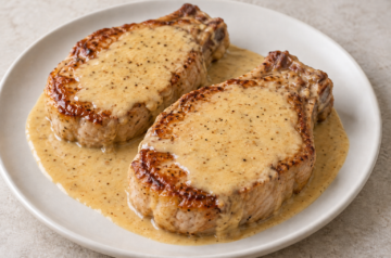 AI illustration of whole pork chops in a creamy Dijon mustard sauce