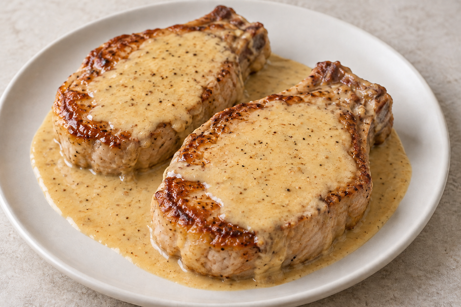AI illustration of whole pork chops in a creamy Dijon mustard sauce