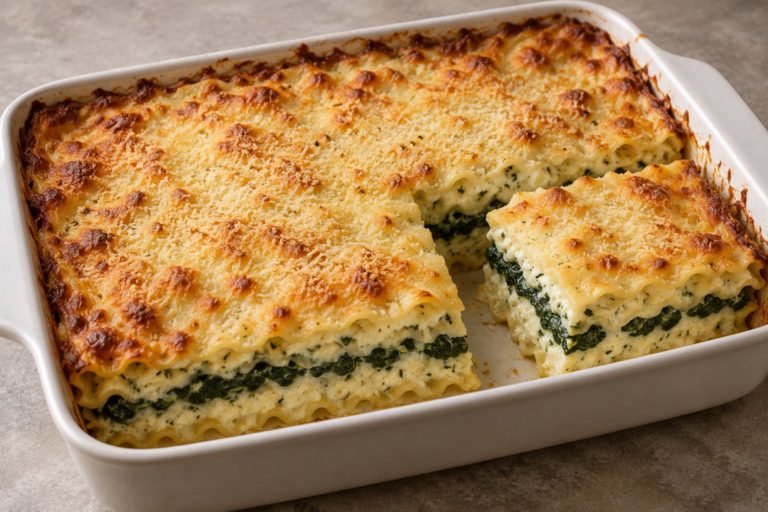 AI illustration of baked spinach and cheese lasagna with a golden Parmesan top