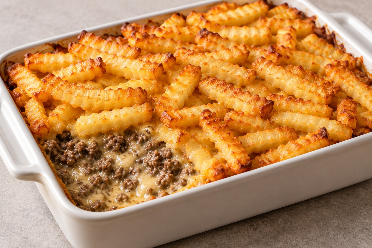 AI illustration of golden crinkle-cut fries over ground beef in creamy sauce in a white rectangular baking dish.