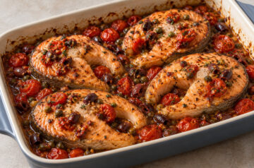 AI illustration of four roasted salmon steaks with tomatoes, olives, capers, and herbs in a rectangular baking dish.