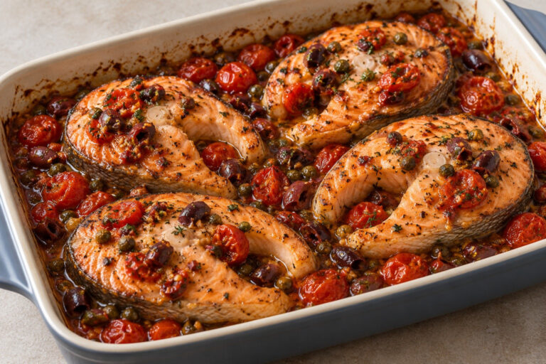 AI illustration of four roasted salmon steaks with tomatoes, olives, capers, and herbs in a rectangular baking dish.