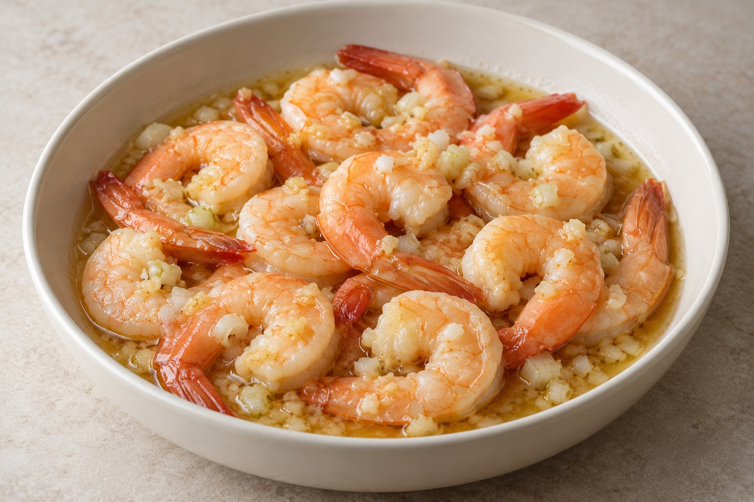 AI illustration of tail-on prawns in golden oil with chopped garlic and pale onion pieces in a white bowl.