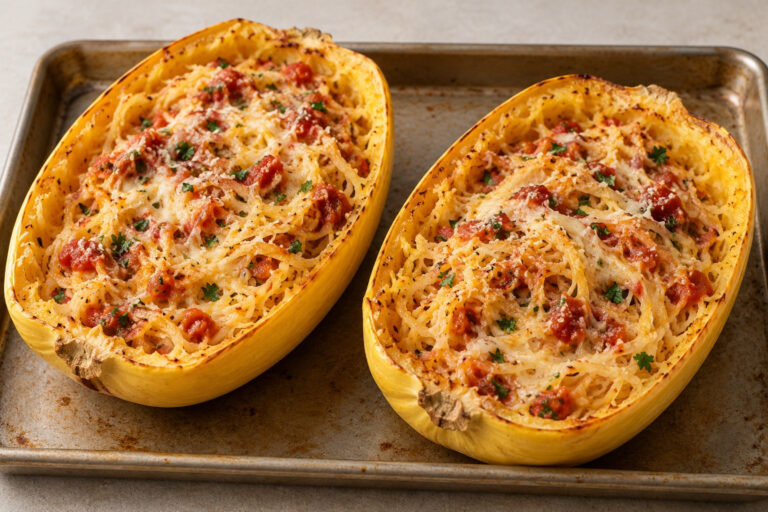 AI illustration of two spaghetti squash halves filled with strands, salsa, parsley, and melted cheese on a baking sheet.