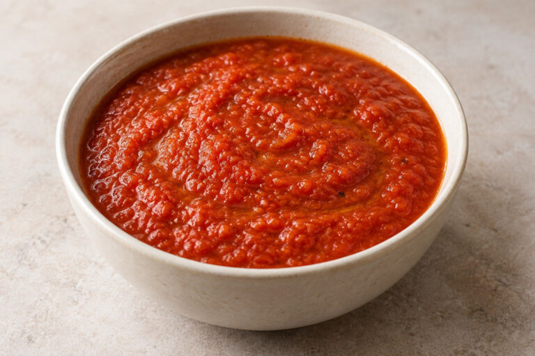 AI illustration of thick red roasted tomato sauce in a cream-colored bowl.