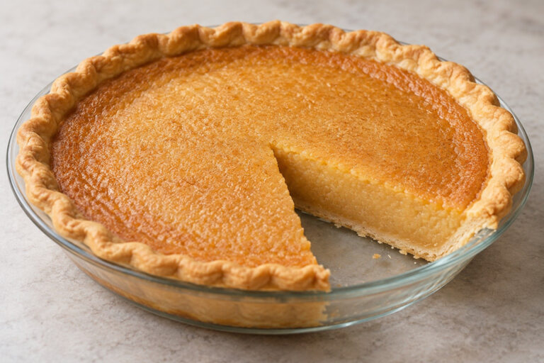 AI illustration of a golden applesauce pie in a single bottom crust with one wedge removed.