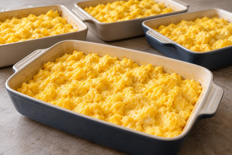 AI illustration of golden scrambled eggs in four rectangular baking dishes on a countertop.
