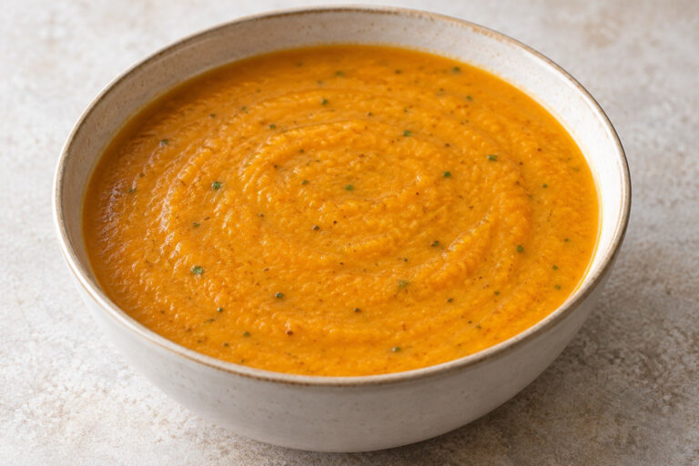 AI illustration of thick orange sweet potato and red lentil soup with blended coriander flecks.