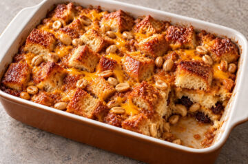 AI illustration of golden-brown bread pudding with melted cheese, peanuts, and raisins in a rectangular baking dish.