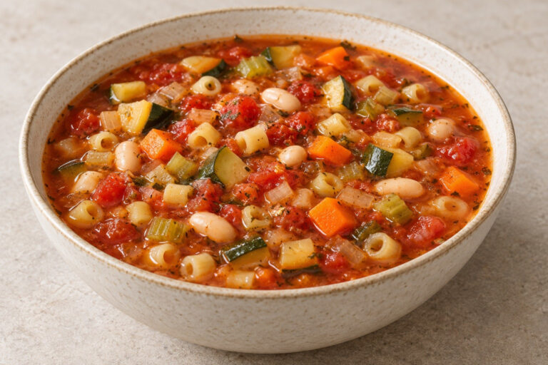AI illustration of tomato-based soup with white beans, short tube pasta, zucchini, carrots, and celery in a speckled ceramic bowl.