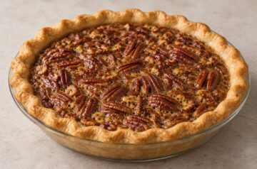 AI illustration of a pecan pie with glossy brown filling and a golden crimped crust in a clear glass pie dish.