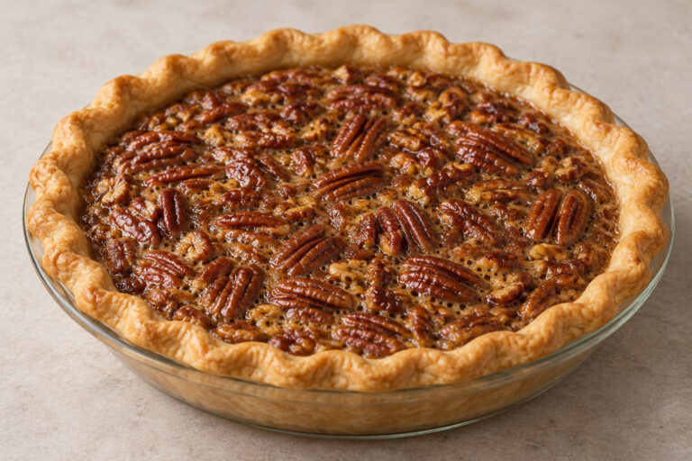 AI illustration of a pecan pie with glossy brown filling and a golden crimped crust in a clear glass pie dish.