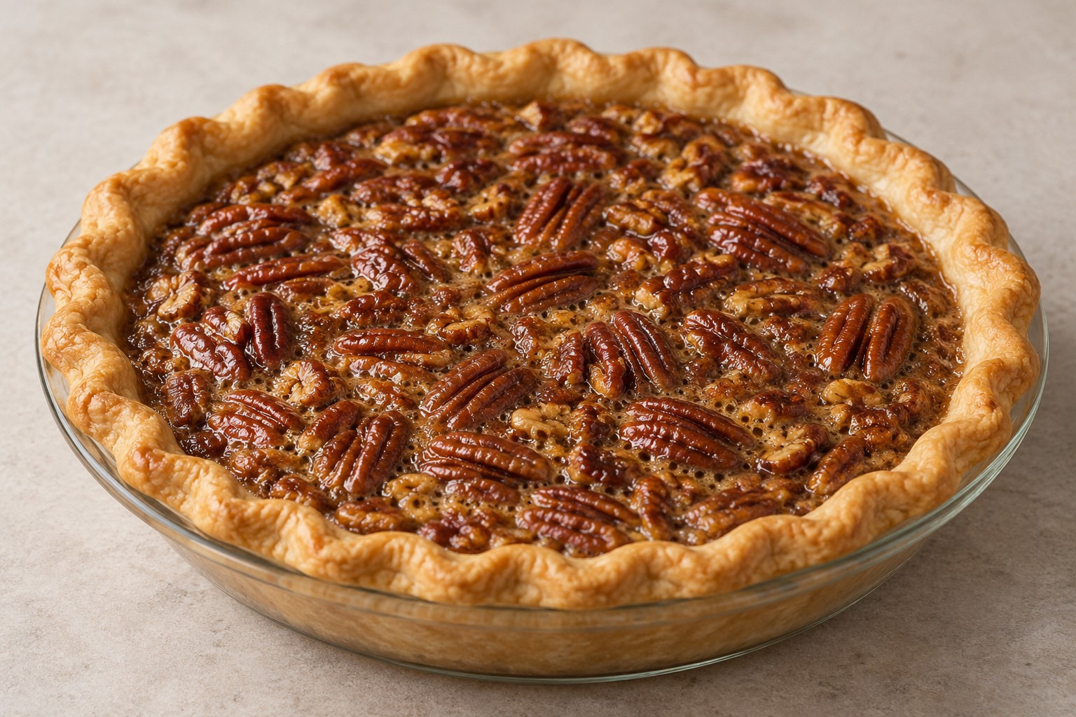AI illustration of a pecan pie with glossy brown filling and a golden crimped crust in a clear glass pie dish.