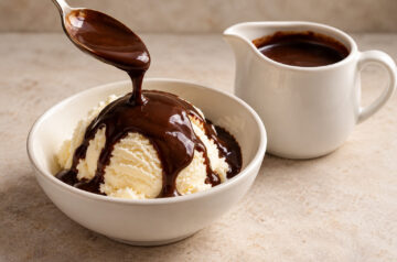 AI illustration of chocolate sauce pouring from a spoon over ice cream in a white bowl, with a white pitcher of sauce behind it.